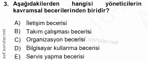 3. soru: Aşağıdakilerden hangisi yöneticilerin kavramsal becerilerinden biridir? A) İletişim becerisi B) Takım çalışması becer…