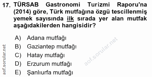 17. soru: TÜRSAB astronomi Turizmi Raporu'na (2014) göre, Türk mutfağına özgü tescillenmiş yemek sayısında ilk sırada yer alan…