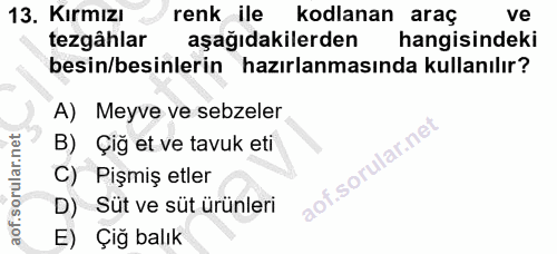 13. soru: Kırmızı renk ile kodlanan araç ve tezgâhlar aşağıdakilerden hangisindeki besin/besinlerin hazırlanmasında kullanılır?…