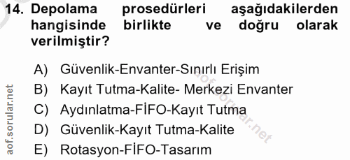 14. soru: Depolama prosedürleri aşağıdakilerden hangisinde birlikte ve doğru olarak verilmiştir? A) Güvenlik-Envanter-Sınırlı E…