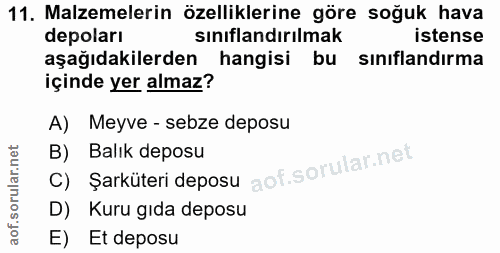 11. soru: Malzemelerin özelliklerine göre soğuk hava depoları sınıflandırılmak istense aşağıdakilerden hangisi bu sınıflandırma…