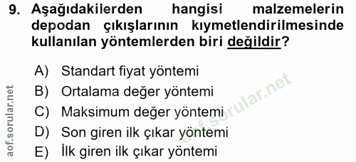 9. soru: Aşağıdakilerden hangisi malzemelerin depodan çıkışlarının kıymetlendirilmesinde kullanılan yöntemlerden biri değildir…