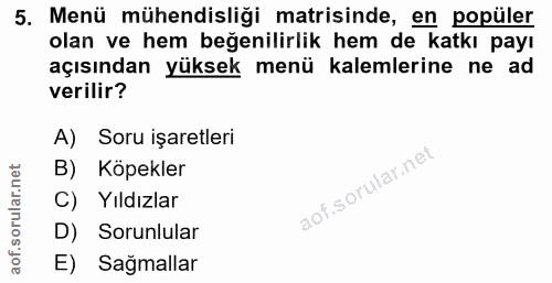 5. soru: Menü mühendisliği matrisinde, en popüler olan ve hem beğenilirlik hem de katkı payı açısından yüksek menü kalemlerine…