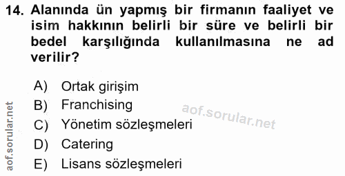 14. soru: Alanında ün yapmış bir firmanın faaliyet ve isim hakkının belirli bir süre ve belirli bir bedel karşılığında kullanıl…