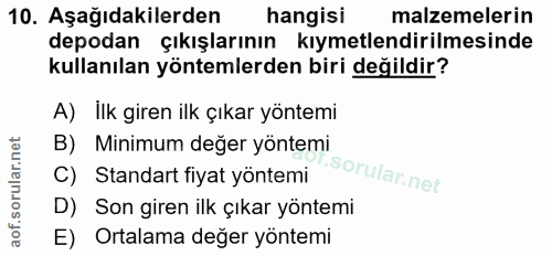 10. soru: Aşağıdakilerden hangisi malzemelerin depodan çıkışlarının kıymetlendirilmesinde kullanılan yöntemlerden biri değildir…
