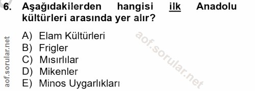6. soru: Aşağıdakilerden hangisi ilk Anadolu kültürleri arasında yer alır? A) Elam Kültürleri B) Frigler C) Mısırlılar D) Mike…