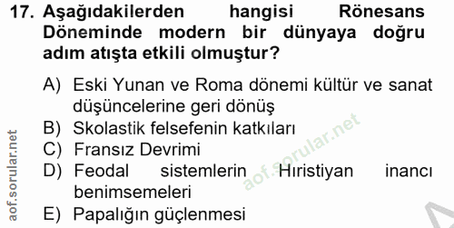 17. soru: Aşağıdakilerden hangisi Rönesans Döneminde modern bir dünyaya doğru adım atışta etkili olmuştur? A) Eski Yunan ve Rom…