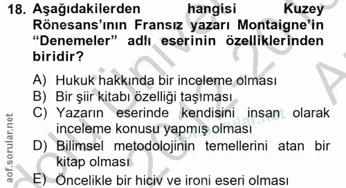 18. soru: Aşağıdakilerden hangisi Kuzey Rönesans'ının Fransız yazarı Montaigne'in "Denemeler" adlı eserinin özelliklerinden bir…