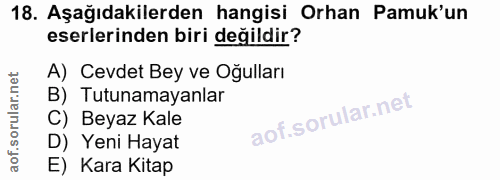 18. soru: Aşağıdakilerden hangisi Orhan Pamuk'un eserlerinden biri değildir? A) Cevdet Bey ve Oğulları B) Tutunamayanlar C) Bey…