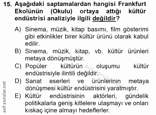 15. soru: Aşağıdaki saptamalardan hangisi Frankfurt Ekolünün (Okulu) ortaya attığı kültür endüstrisi analiziyle ilgili değildir…