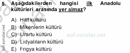 5. soru: Aşağıdakilerden hangisi ilk Anadolu kültürleri arasında yer almaz? A) Hitit kültürü B) Mikenlerin kültürü C) Urartu k…