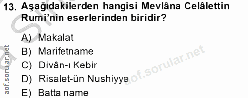 13. soru: Aşağıdakilerden hangisi Mevlâna Celâlettin Rumi'nin eserlerinden biridir? A) Makalat B) Marifetname D) Risalet-ün Nus…
