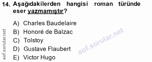 14. soru: Aşağıdakilerden hangisi roman türünde eser yazmamıştır? A) Charles Baudelaire B) Honoré de Balzac C) Tolstoy D) Gusta…