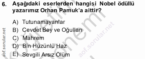 6. soru: Aşağıdaki eserlerden hangişi Nobel ödüllü yazarımız Orhan Pamuk'a aittir? A) Tutunamayanlar B) Cevdet Bey ve Oğulları…