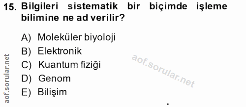 15. soru: Bilgileri sistematik bir biçimde işleme bilimine ne ad verilir? A) Moleküler biyoloji B) Elektronik C) Kuantum fiziği…