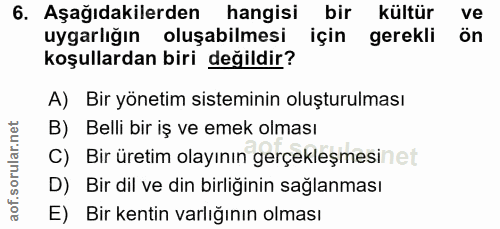 6. soru: Aşağıdakilerden hangisi bir kültür ve uygarlığın oluşabilmesi için gerekli ön koşullardan biri değildir? A) Bir yönet…