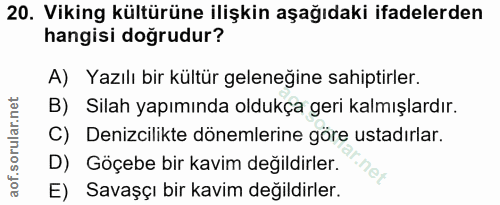 20. soru: Viking kültürüne ilişkin aşağıdaki ifadelerden hangisi doğrudur? A) Yazılı bir kültür geleneğine sahiptirler. B) Sila…