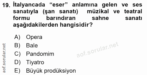 19. soru: Italyancada "eser" anlamına gelen ve ses sanatıyla (şan sanatı) müzikal ve teatral formu barındıran sahne sanatı aşağ…