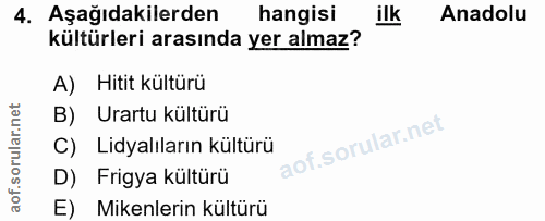 4. soru: Aşağıdakilerden hangisi ilk Anadolu kültürleri arasında yer almaz? A) Hitit kültürü B) Urartu kültürü C) Lidyalıların…