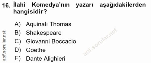 16. soru: Ilahi Komedya'nın yazarı aşağıdakilerden hangisidir? A) Aquinalı Thomas rular.n B) Shakespeare C) Giovanni Boccacio D…