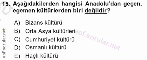15. soru: Aşağıdakilerden hangisi Anadolu'dan geçen, egemen kültürlerden biri değildir? A) Bizans kültürü B) Orta Asya kültürle…