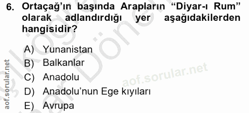 6. soru: Ortaçağ'ın başında Arapların "Diyar-ı Rum" olarak adlandırdığı yer aşağıdakilerden hangisidir? A) Yunanistan B) Balka…