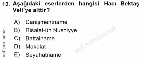 12. soru: Aşağıdaki eserlerden hangisi Hacı Bektaş Veli'ye aittir? A) Danişmentname B) Risalet-ün Nushiyye C) Battalname D) Mak…