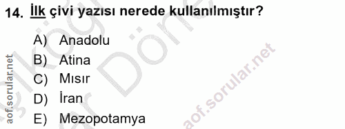 14. soru: Ilk çivi yazısı nerede kullanılmıştır? A) Anadolu B) Atina C) Mısır D) Iran E) Mezopotamya