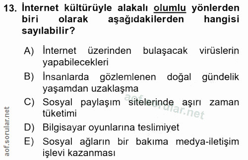 13. soru: Internet kültürüyle alakalı olumlu yönlerden biri olarak aşağıdakilerden hangisi sayılabilir? A) Internet üzerinden b…