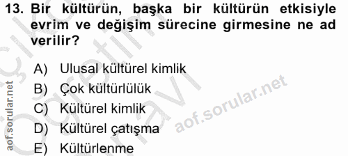13. soru: Bir kültürün, başka bir kültürün etkisiyle evrim ve değişim sürecine girmesine ne ad verilir? A) Ulusal kültürel kiml…