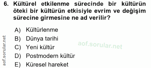 6. soru: Kültürel etkilenme sürecinde bir kültürün öteki bir kültürün etkisiyle evrim ve değişim sürecine girmesine ne ad veri…