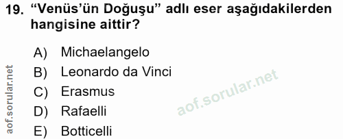 19. soru: "Venüs'ün Doğuşu" adlı eser aşağıdakilerden hangisine aittir? A) Michaelangelo B) Leonardo da Vinci C) Erasmus D) Raf…