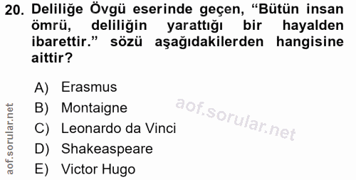 20. soru: Deliliğe Övgü eserinde geçen, "Bütün insan ömrü, deliligin yarattığı bir hayalden ibarettir." sözü aşağıdakilerden ha…