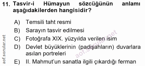 11. soru: Tasvir-i Hümayun sözcüğünün anlamı aşağıdakilerden hangisidir? A) Temsili taht resmi B) Sarayın tasvir edilmesi C) Fo…