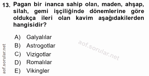 13. soru: Pagan bir inanca sahip olan, maden, ahşap, silah, gemi işçiliğinde dönemlerine göre oldukça ileri olan kavim aşağıdak…