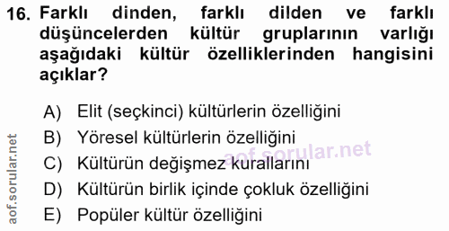 16. soru: Farklı dinden, farklı dilden ve farklı düşüncelerden kültür gruplarının varlığı aşağıdaki kültür özelliklerinden hang…