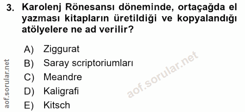 3. soru: Karolenj Rönesansı döneminde, ortaçağda el yazması kitapların üretildiği ve kopyalandığı atölyelere ne ad verilir? A)…