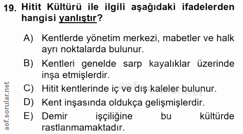 19. soru: Hitit Kültürü ile ilgili aşağıdaki ifadelerden hangisi yanlıştır? A) Kentlerde yönetim merkezi, mabetler ve halk ayrı…