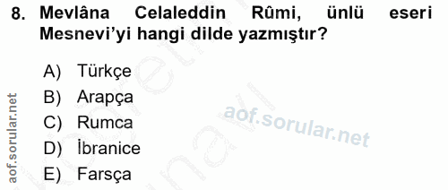 8. soru: Mevlâna Celaleddin Rûmi, ünlü eseri Mesnevi'yi hangi dilde yazmıştır? A) Türkçe B) Arapça C) Rumca D) Ibranice E) Farsça