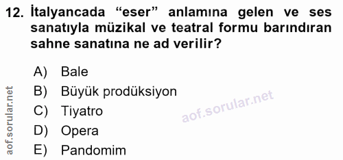 12. soru: İtalyancada "eser" anlamına gelen ve ses sanatıyla müzikal ve teatral formu barındıran sahne sanatına ne ad verilir?…