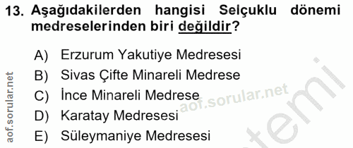 13. soru: Aşağıdakilerden hangisi Selçuklu dönemi medreselerinden biri değildir? A) Erzurum Yakutiye Medresesi B) Sivas Çifte M…