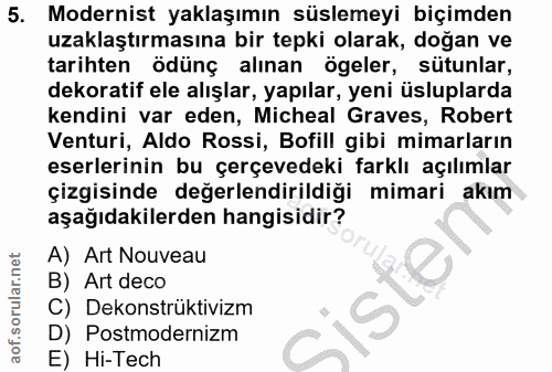 5. soru: Modernist yaklaşımın süslemeyi biçimden uzaklaştırmasına bir tepki olarak, doğan ve alınan ögeler, sütunlar, tarihten…