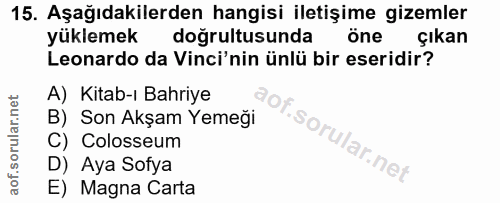 15. soru: Aşağıdakilerden hangisi iletişime gizemler yüklemek doğrultusunda öne çıkan Leonardo da Vinci'nin ünlü bir eseridir?…