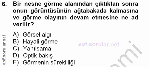 6. soru: Bir nesne görme alanından çıktıktan sonra onun görüntüsünün ağtabakada kalmasına ve görme olayının devam etmesine ne…