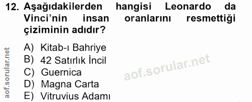 12. soru: Aşağıdakilerden hangisi Leonardo da Vinci'nin insan oranlarını resmettiği çiziminin adıdır? A) Kitab-ı Bahriye B) 42…