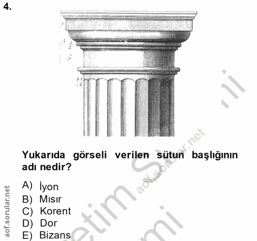 4. soru: Yukarıda görseli verilen sütun başlığının adı nedir? A) İyon B) Mısır C) Korent D) Dor E) Bizans