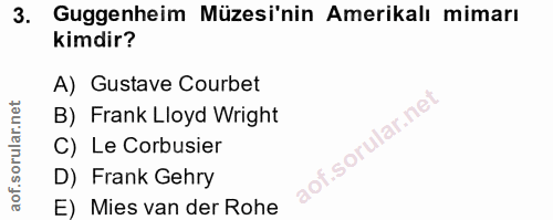 3. soru: Guggenheim Müzesi'nin Amerikalı mimarı kimdir? A) Gustave Courbet B) Frank Lloyd Wright C) Le Corbusier D) Frank Gehr…