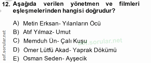 12. soru: Aşağıda verilen yönetmen ve filmleri eşleşmelerinden hangisi doğrudur? A) Metin Erksan- Yılanların Öcü B) Atıf Yılmaz…