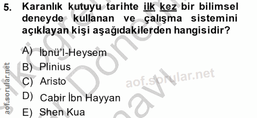 5. soru: Karanlık kutuyu tarihte ilk kez bir bilimsel deneyde kullanan ve çalışma sistemini açıklayan kişi aşağıdakilerden han…