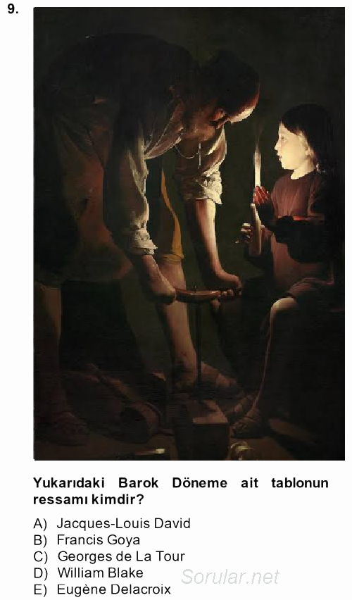 9. soru: Yukarıdaki Barok Döneme ait tablonun ressamı kimdir? A) Jacques-Louis David B) Francis Goya C) Georges de La Tour D)…